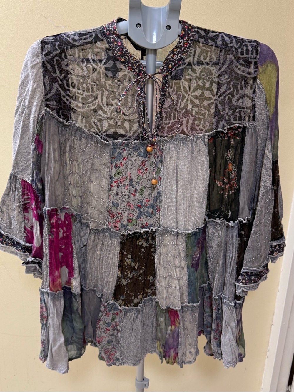 Boho Patchwork Tunic Top in Gray and Purple